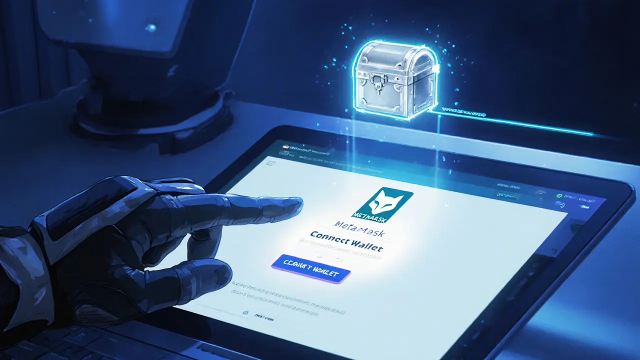 Main connectant un portefeuille Metamask, un coffre argenté apparaît en hologramme.