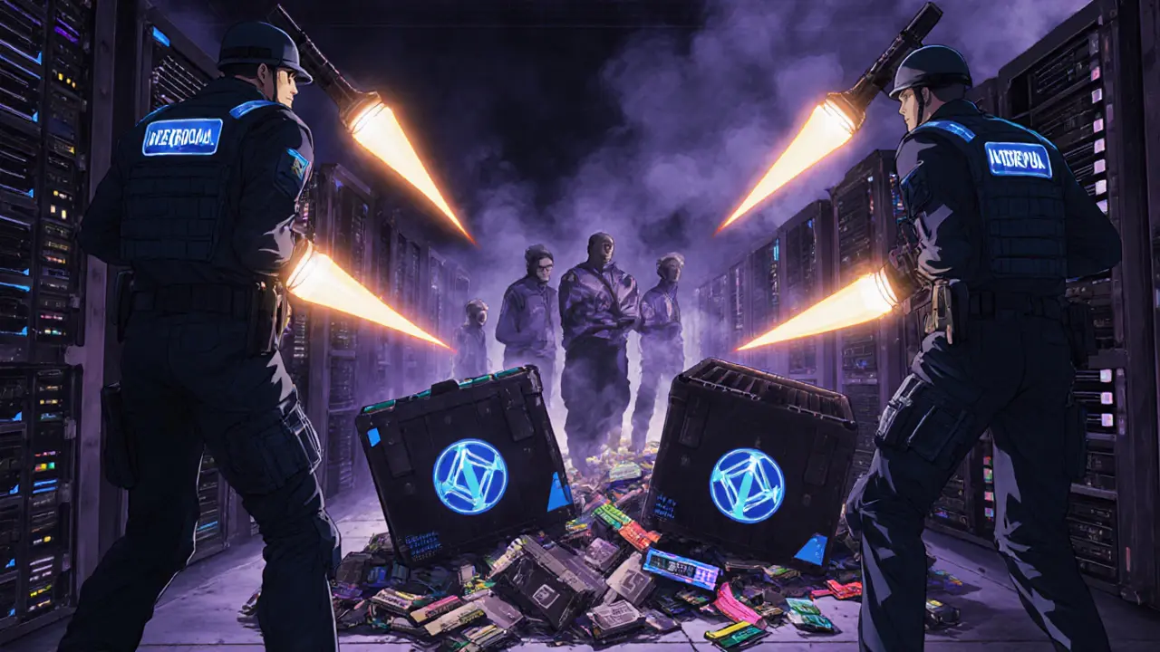 Raid nocturne d&#039;Interpol saisissant ASIC et GPU dans un entrepôt sombre.