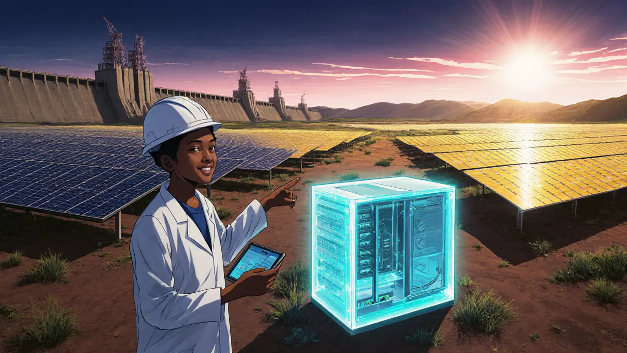 Site solaire de minage pilote avec panneaux, rig lumineux et ingénieur optimiste.