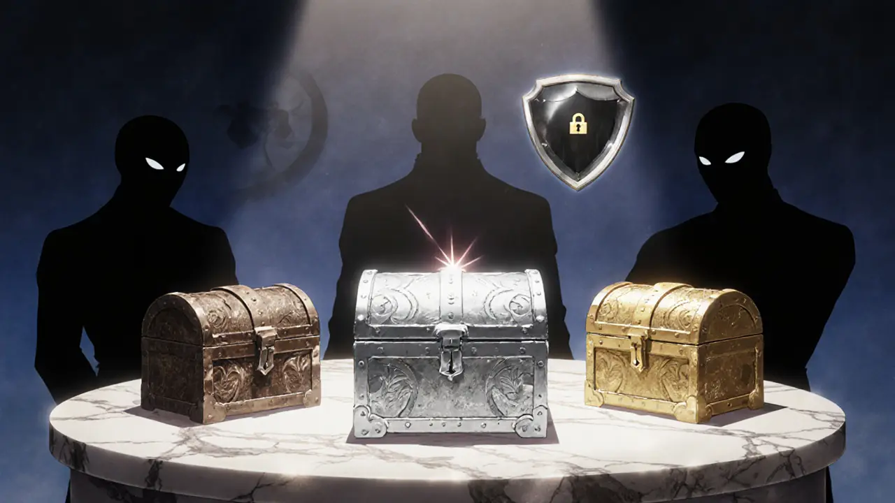 Trois coffres (bronze, argent, or) sur un piédestal, le coffre argenté mis en avant.