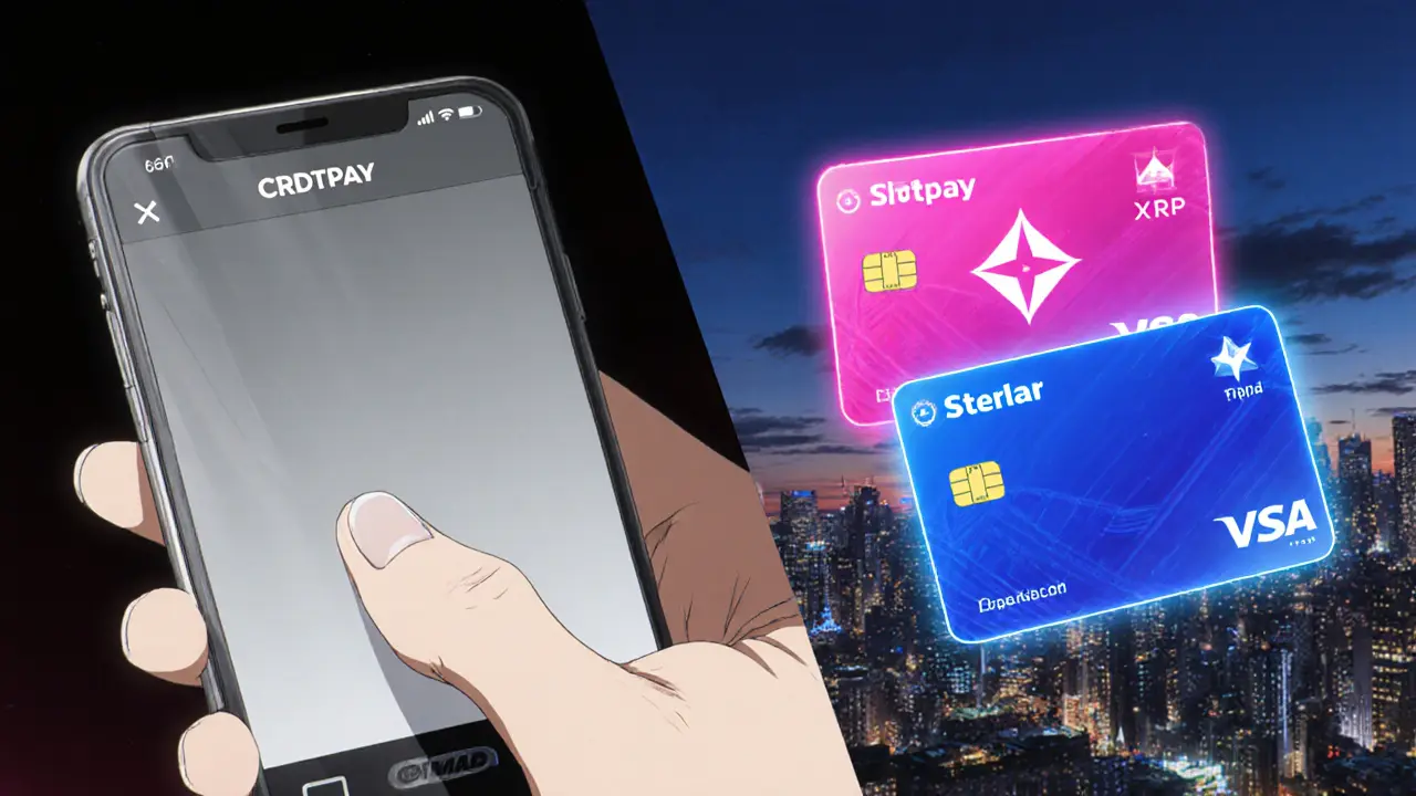 Écran mobile vide &quot;CRDTpay&quot; à gauche, cartes Ripple et Stellar brillantes à droite.