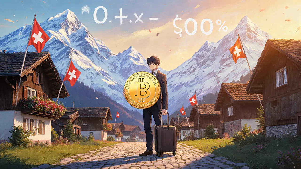 Investisseur portant une valise dans un village alpin de Schwyz, tenant une pièce de cryptomonnaie, style anime.