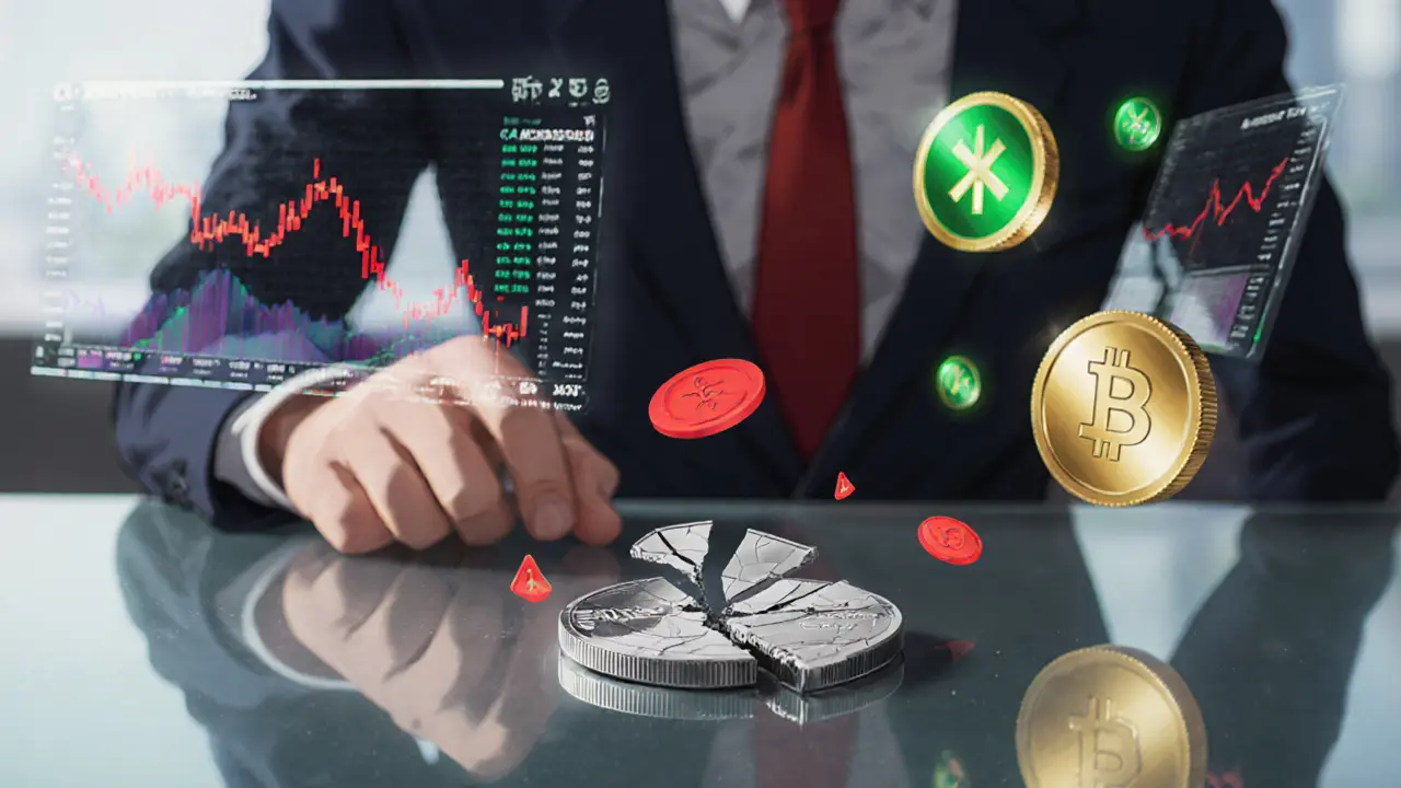 Investisseur regarde un jeton CRDT fissuré, alternatives XRP, XLM et USDC scintillent.