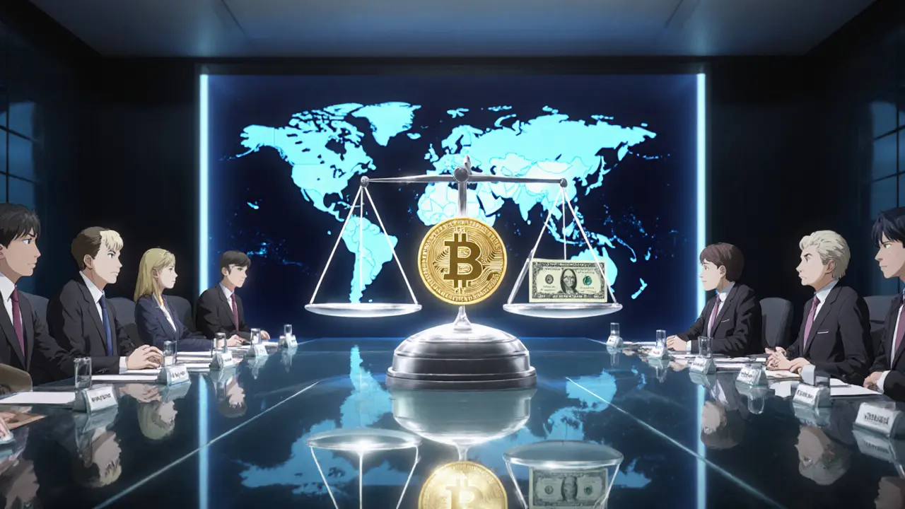 Réunion internationale avec représentants du FMI et d’autres banques centrales, débattant du Bitcoin.