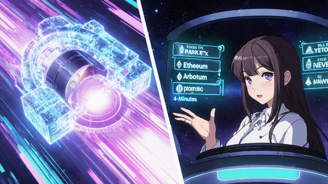 Scène anime montrant la rapidité du roll‑up StarkEx et les dépôts cross‑chain.