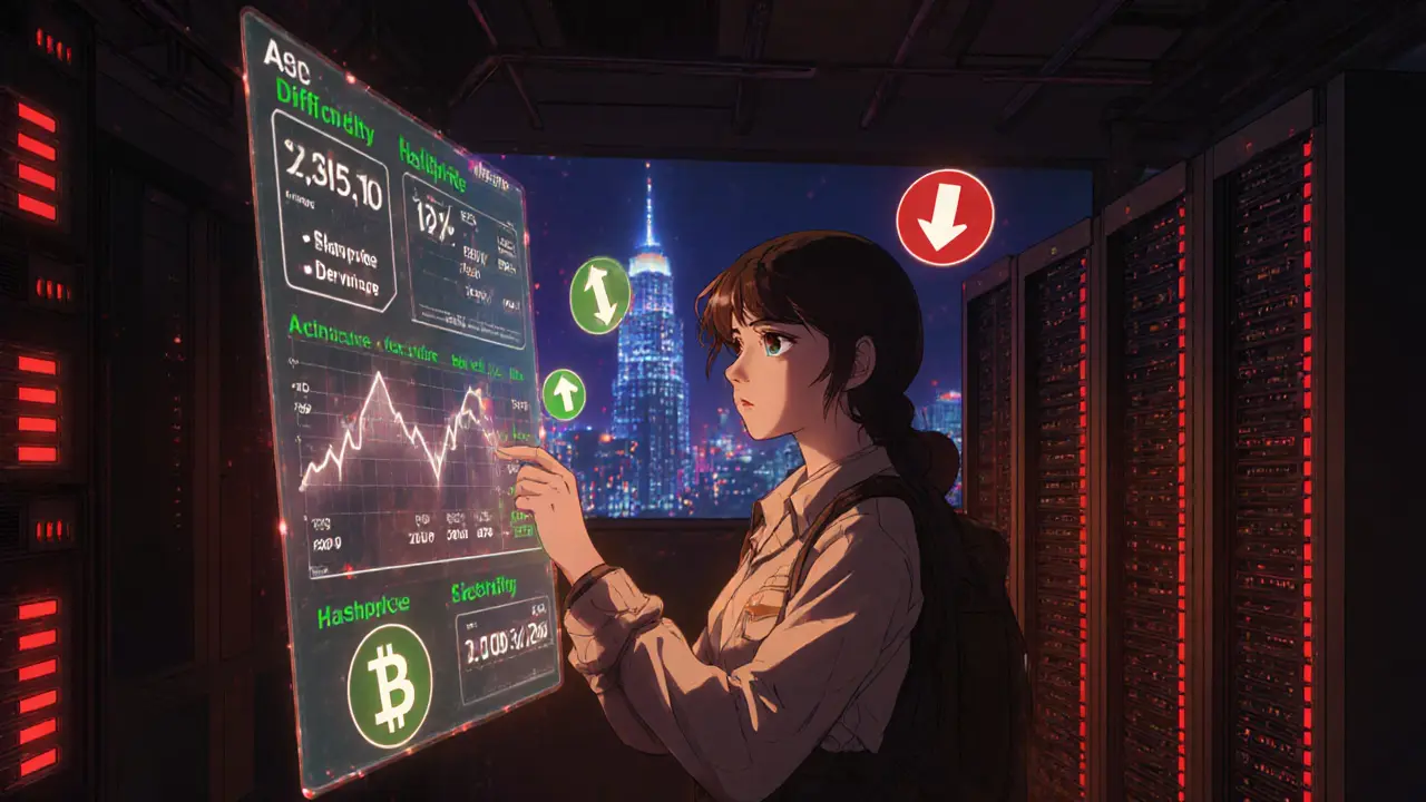 Scène de mineur regardant un tableau de profitabilité avec difficulté qui monte, coûts d’électricité et hashprice.