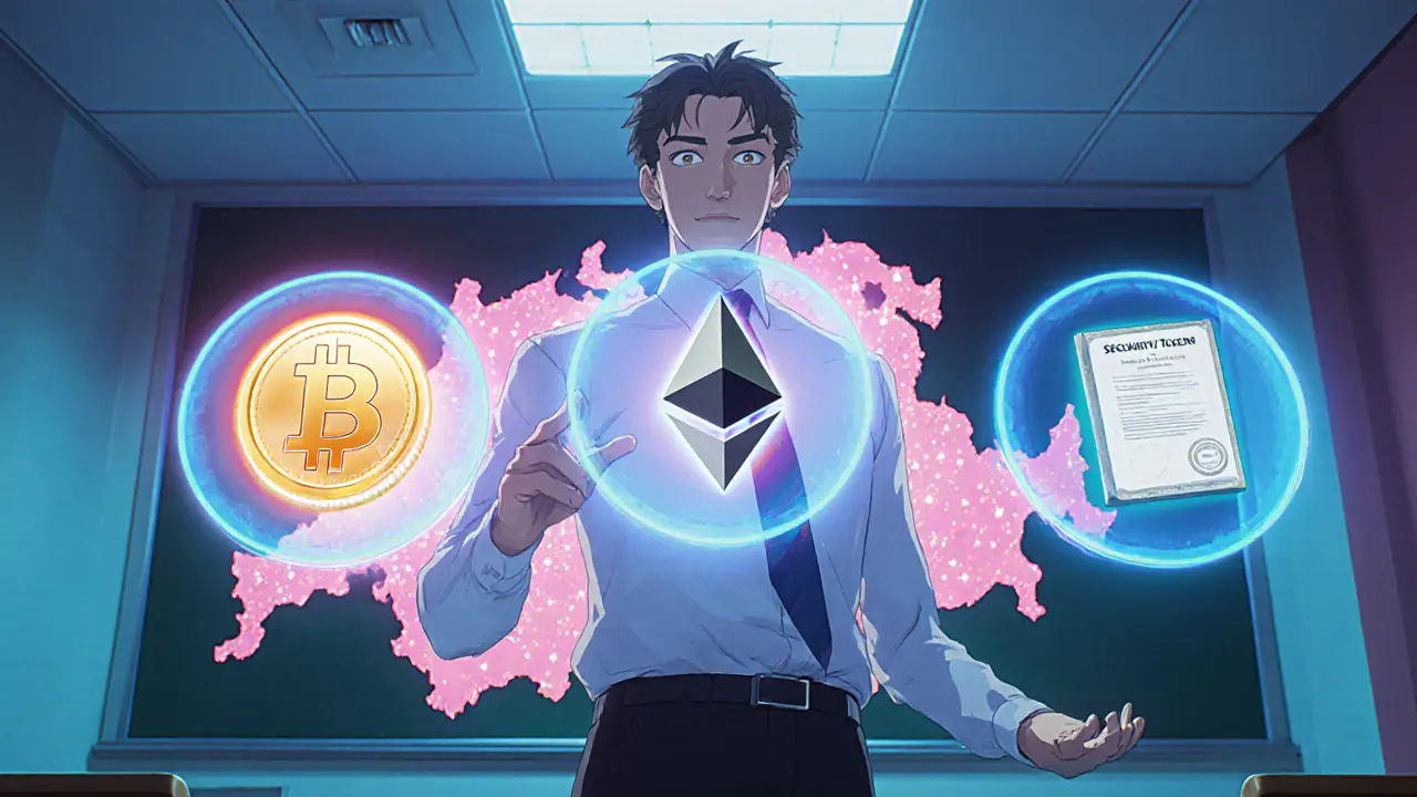 Tableau animé montrant les trois catégories de tokens (paiement, utilitaire, sécurité) avec carte des cantons suisses.