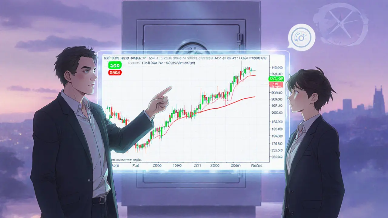 Trader expérimenté montrant la gestion du risque et le copy‑trading à un débutant.