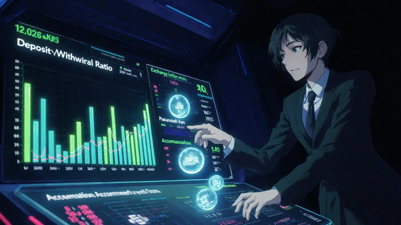 Un analyste anime manipule un tableau de bord holographique affichant des barres de métriques brillantes.