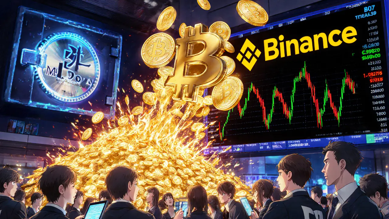 Un torrent de pièces Bitcoin jaillit vers le logo Binance, déclenchant des vagues de prix sur un sol d&#039;échange animé.