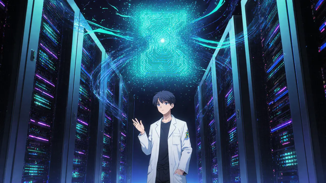 Data centre high‑tech avec ingénieur montrant un registre distribué holographique.