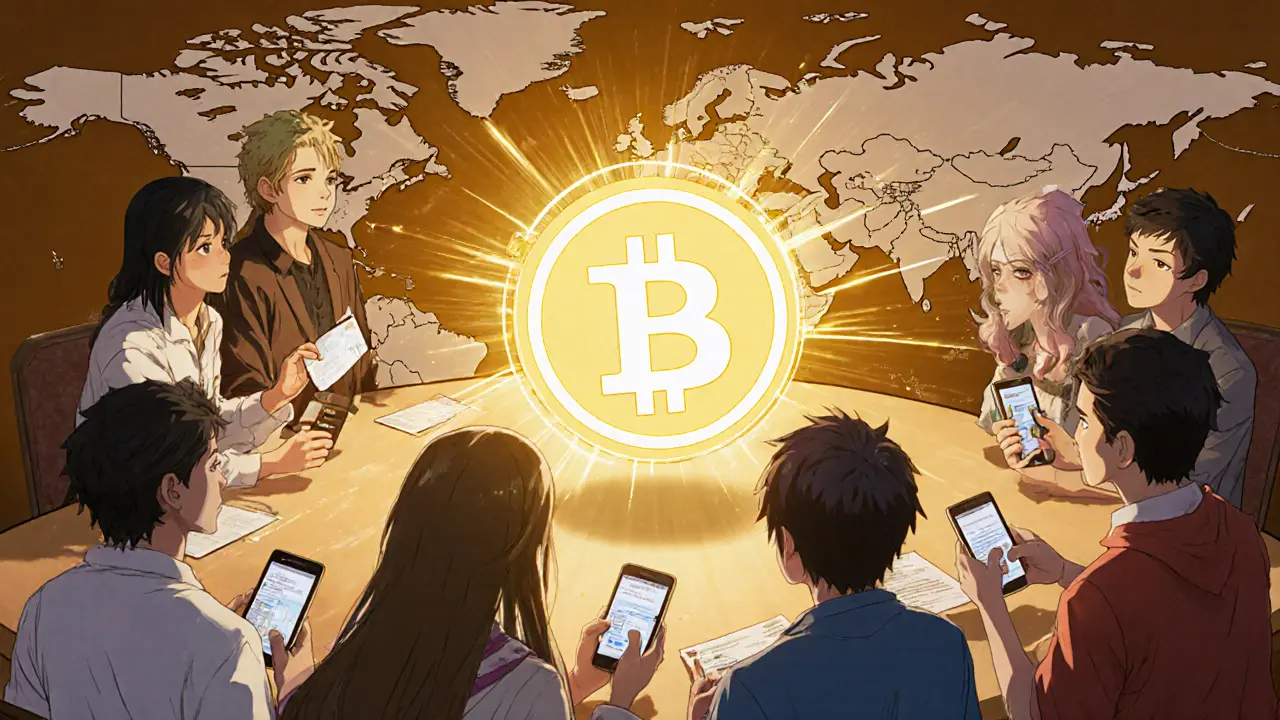 Groupe anime diverse autour d&#039;un token MENTO, montrant staking et gouvernance.