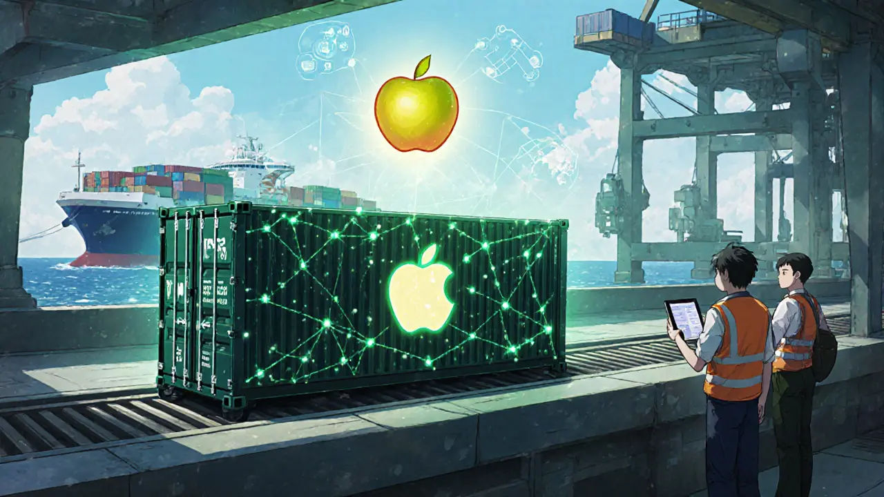 Hub logistique animé montrant un conteneur de fruits suivi par un réseau de données lumineux.