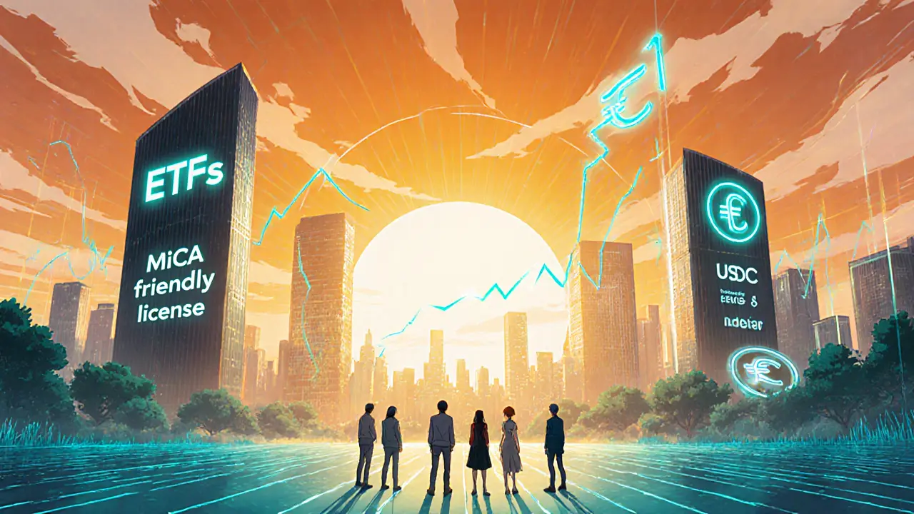 Paysage anime au lever du soleil avec stablecoins brillants et graphiques ascendents, symbolisant la reprise.