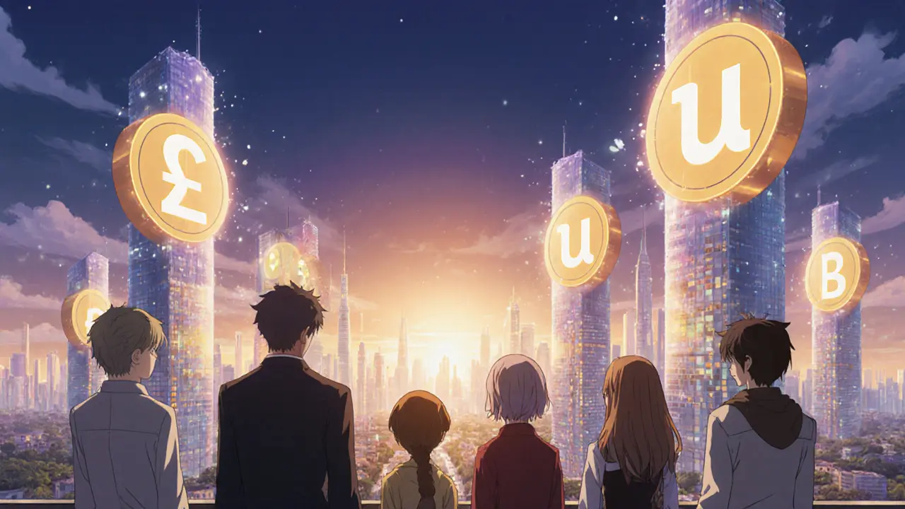 Personnage anime observant un horizon de ville DeFi illuminée, avec des uTON brillants symbolisant l&#039;avenir.