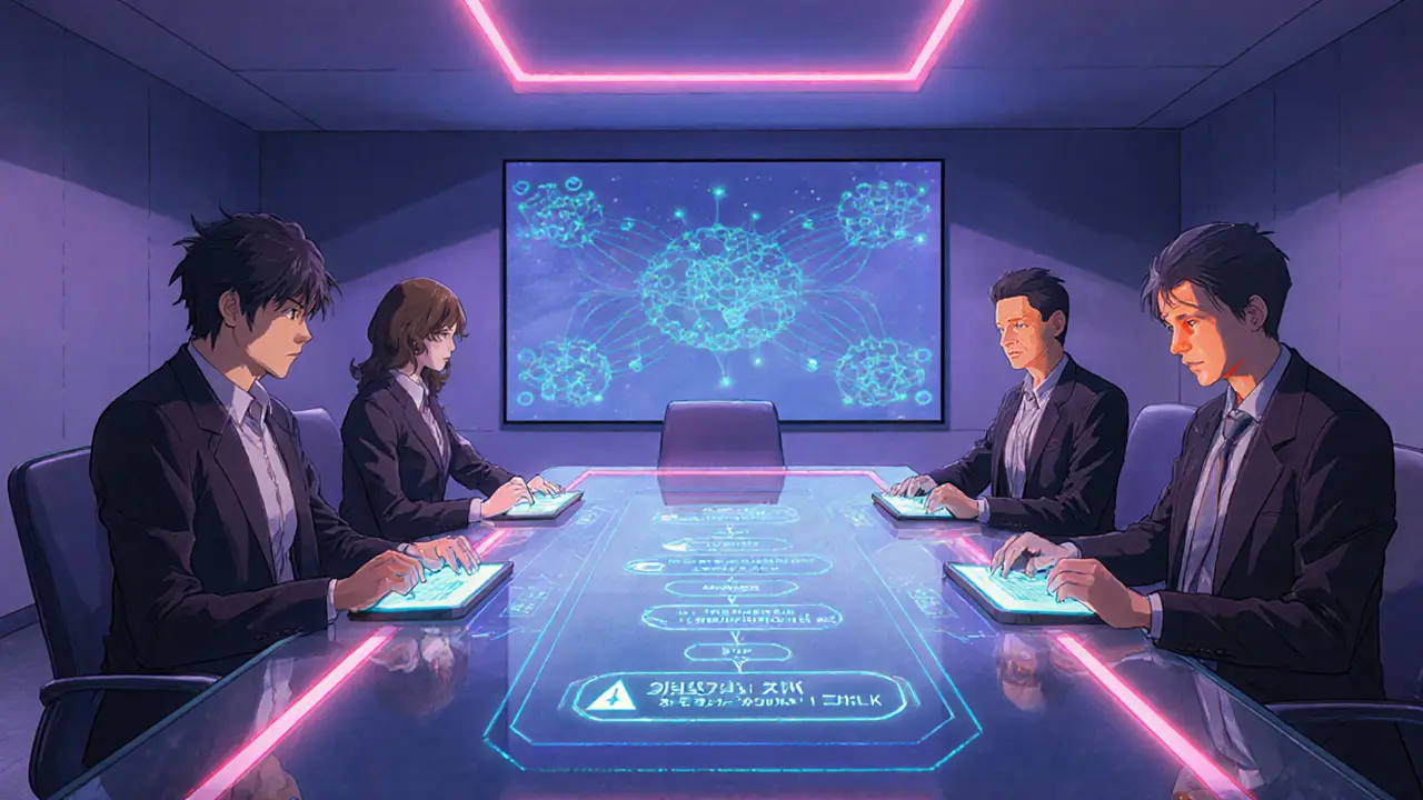 Salle de réunion futuriste où des dirigeants planifient la mise en œuvre d'une DLT.