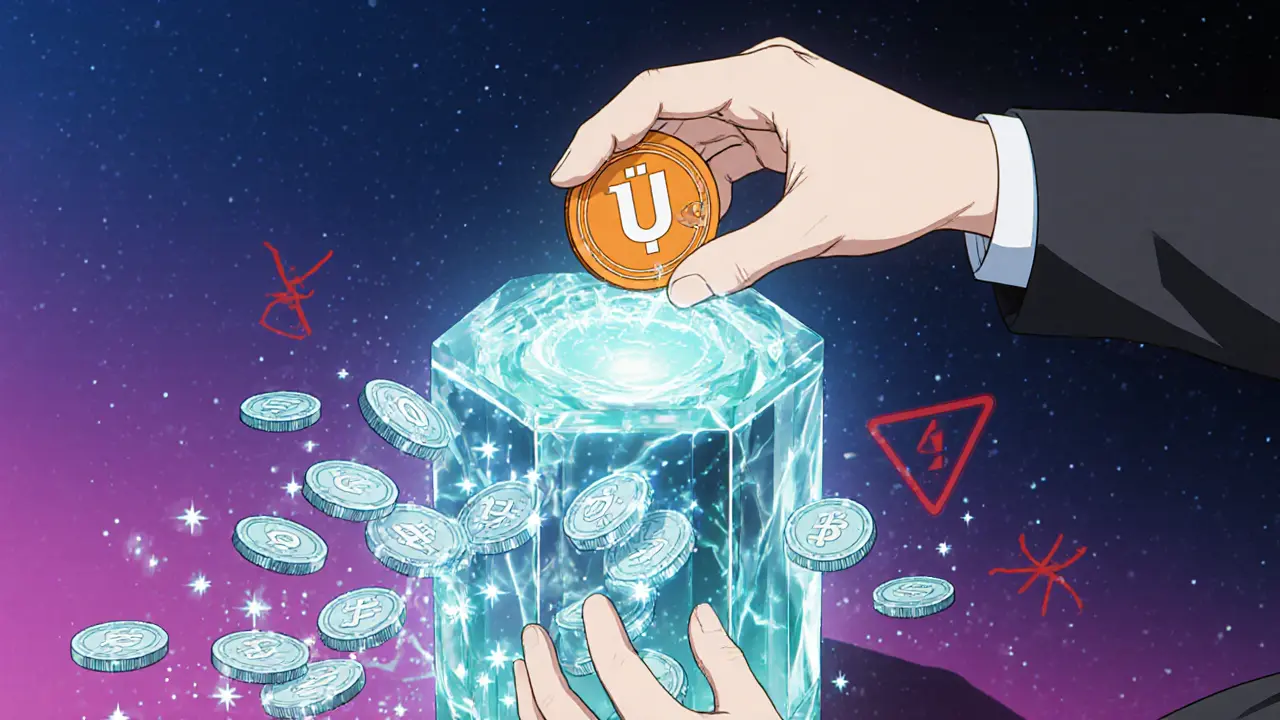 Scène anime de tokens TON se transformant en uTON dans un dispositif futuriste, avec des éclairs de lumière.