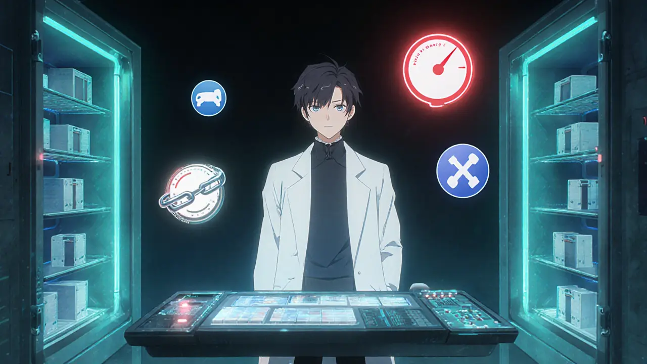 Scientifique anime manipulant oracles et circuit‑breaker autour de coffres numériques.
