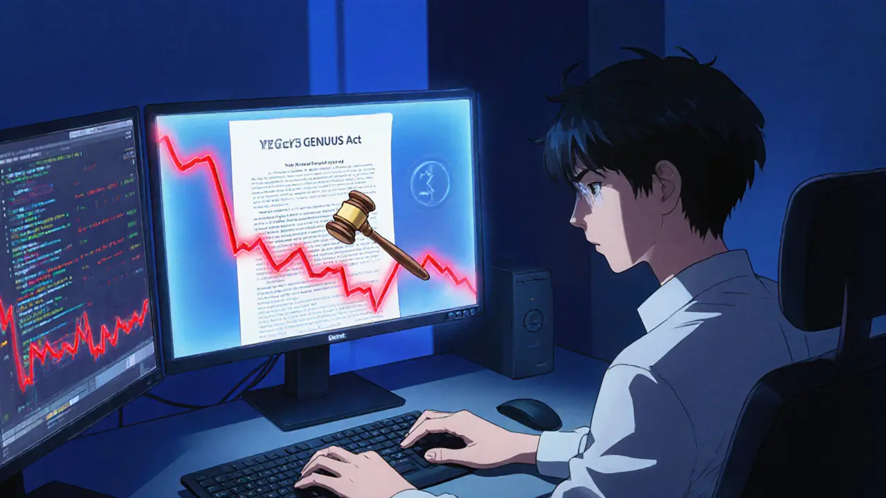 Trader anime découragé regarde la chute du volume Crypto.com, un marteau du GENIUS Act planant.