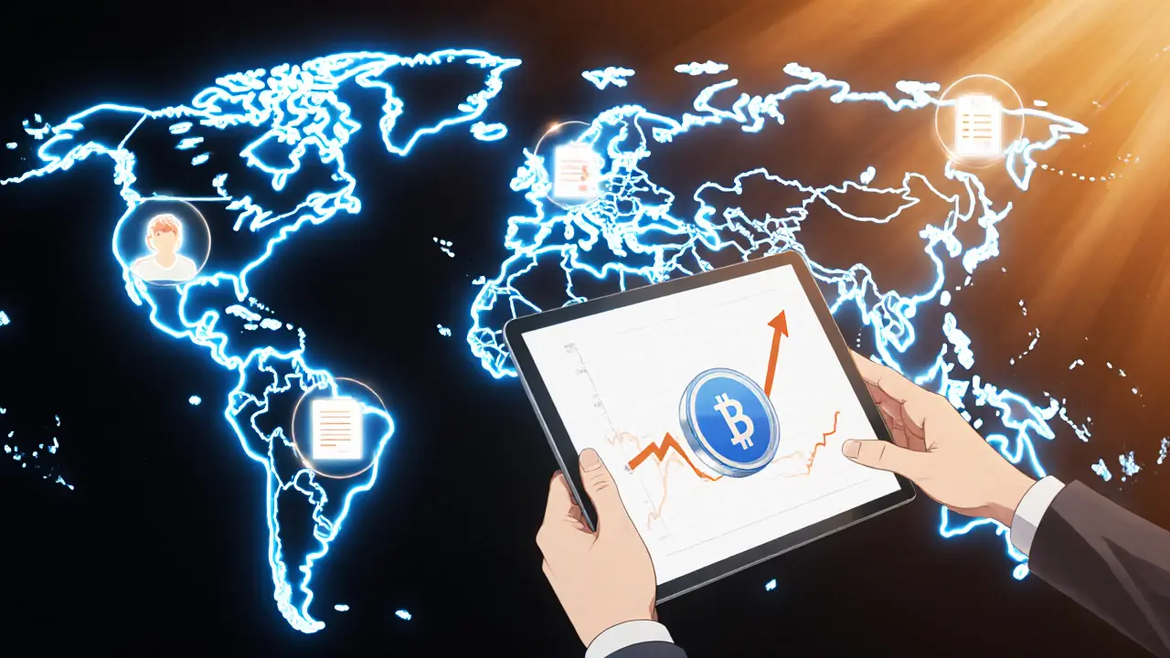 Carte du monde avec zones juridiques mises en avant et professionnel tenant un NFT immobilier.