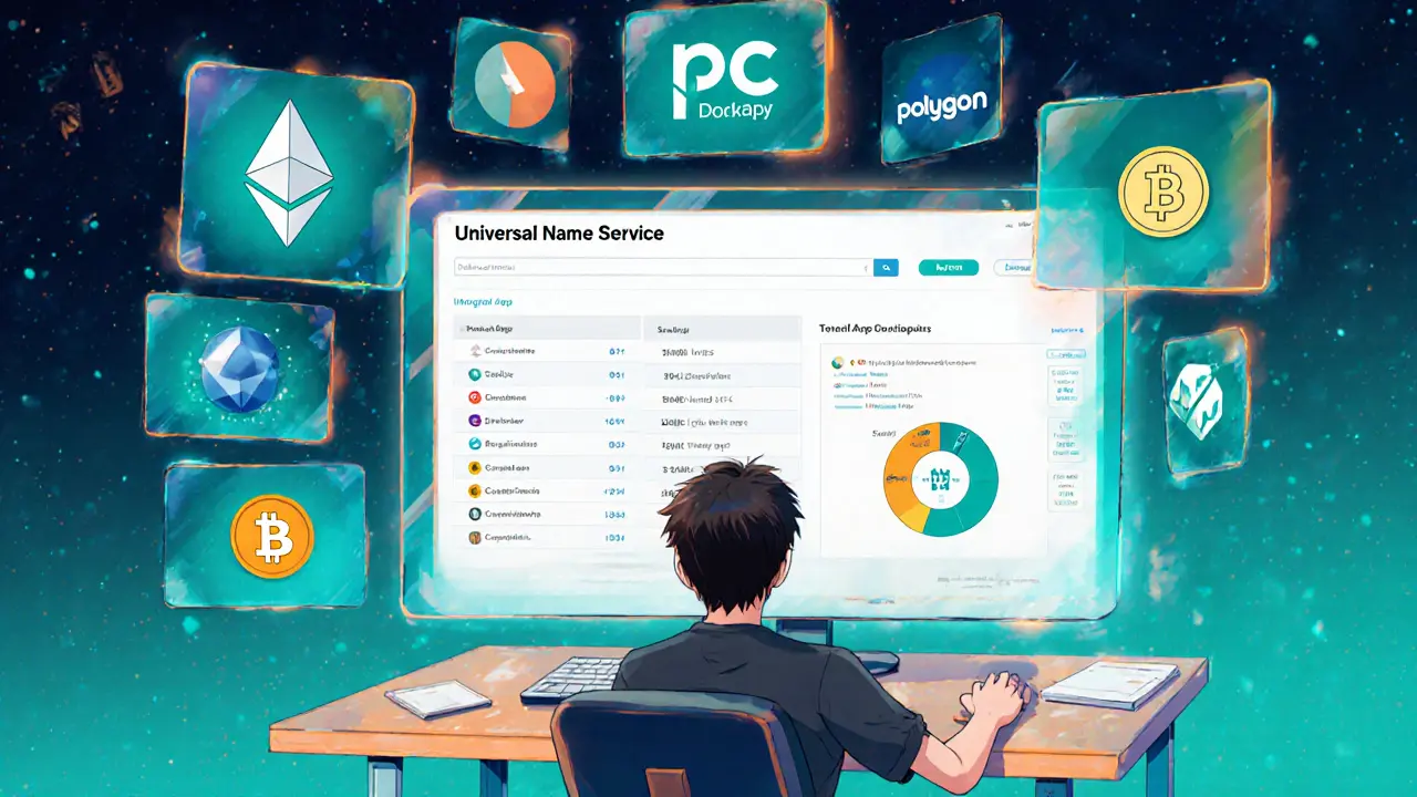 Développeur devant tableau de bord d&#039;Universal Name Service montrant plusieurs blockchains.