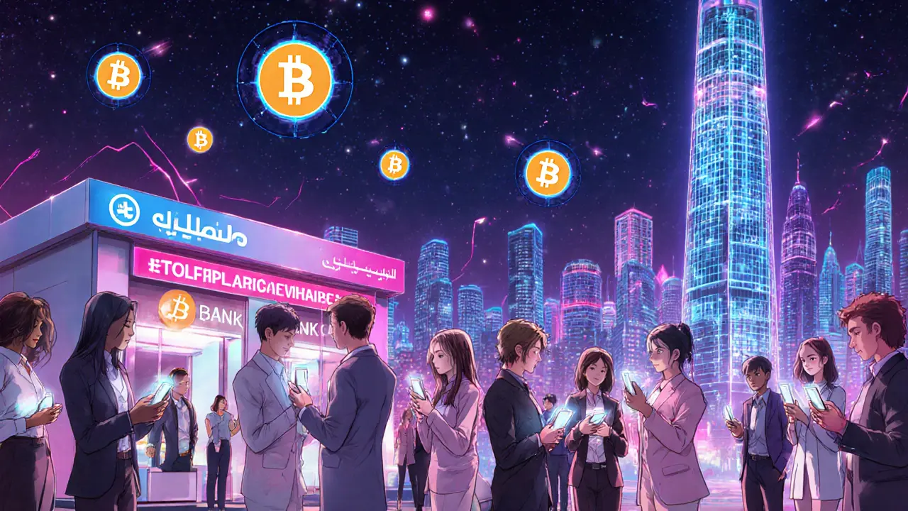 Hub fintech futuriste à Amman, néons et utilisateurs de crypto.