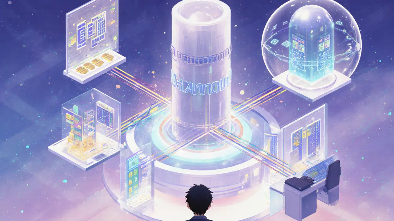 Illustration de la mise à jour Shannon avec modules logiques, multi‑chaîne et IA, style anime lumineux.