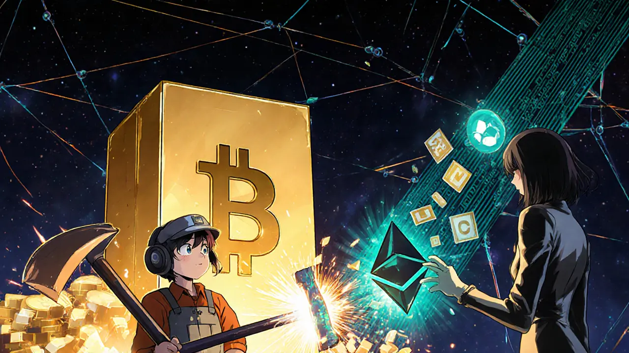 Mineur Bitcoin avec pioche et codeur Ethereum créant des contrats intelligents, entourés de nœuds brillants.