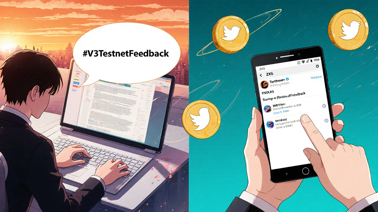 Personnage rédige une critique de 300 mots et la partage sur Twitter avec le hashtag #V3TestnetFeedback.
