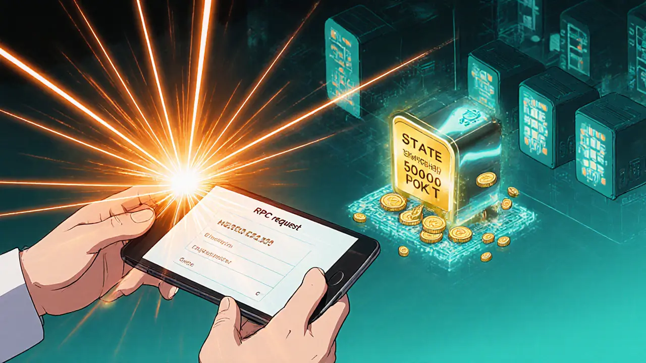 Processus de relay RPC avec une application qui envoie une requête et un nœud staké qui répond, style anime.