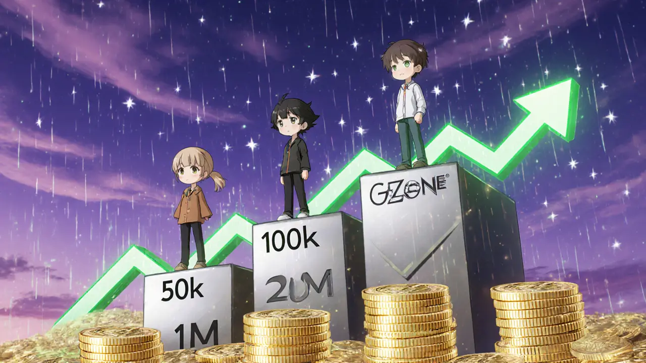 Quatre personnages représentant les niveaux de staking Bronze à Platinum avec des pièces GZONE.