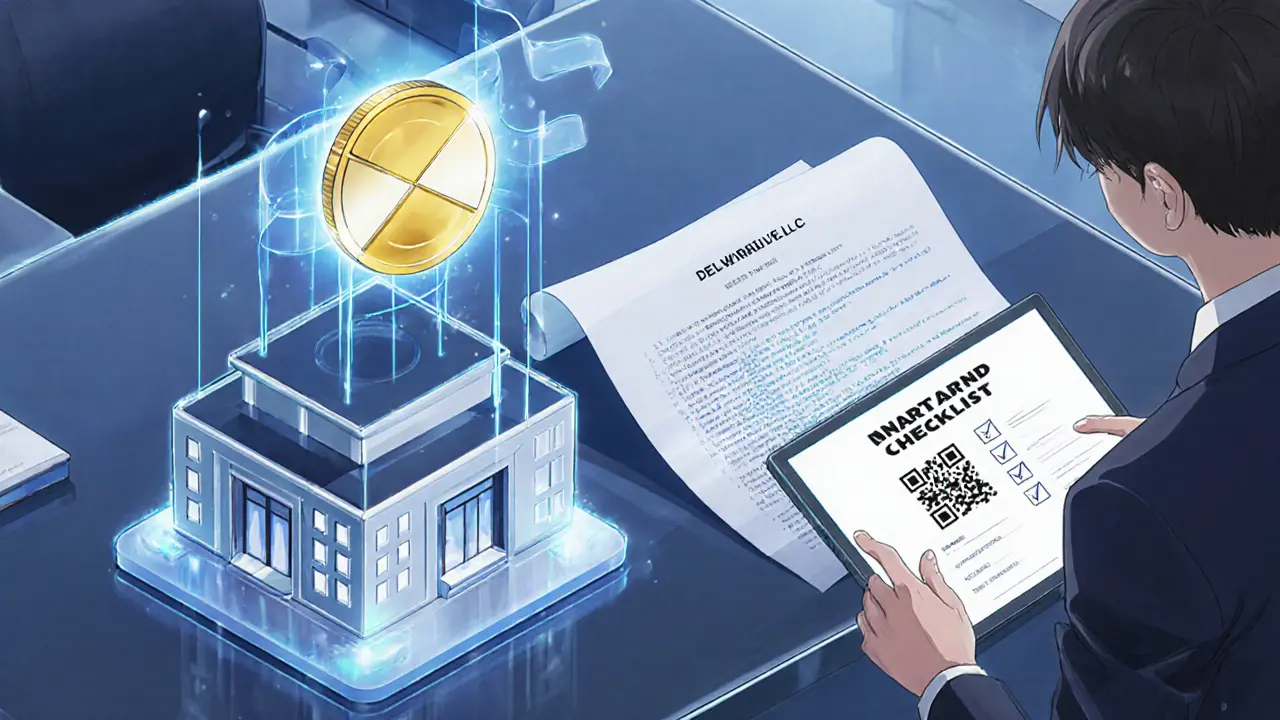 Scène d&#039;un bureau montrant la création d&#039;un SPV et un token NFT lié à un contrat intelligent.