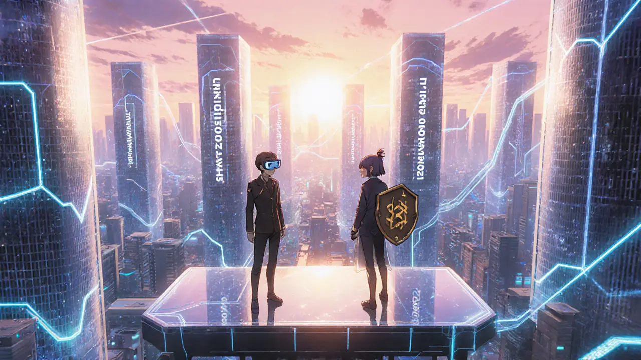 Ville cyberpunk futuriste avec tours holographiques symbolisant sharding, rollups et résistance quantique.