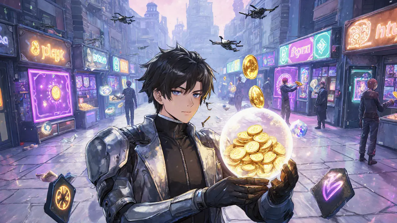 Avatar anime échangeant des jetons et NFT sur un marché numérique décentralisé animé.