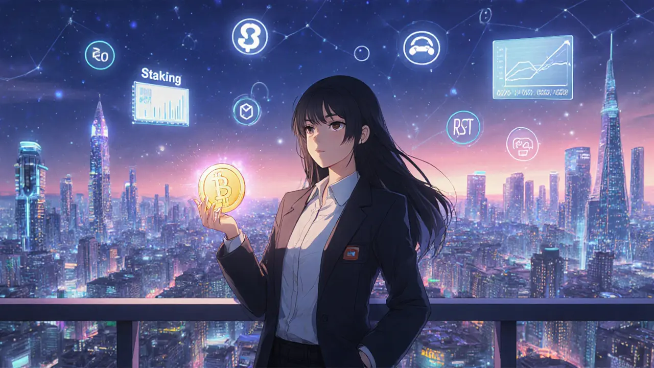 Entrepreneur regardant la ville cybernétique avec le token FORM.