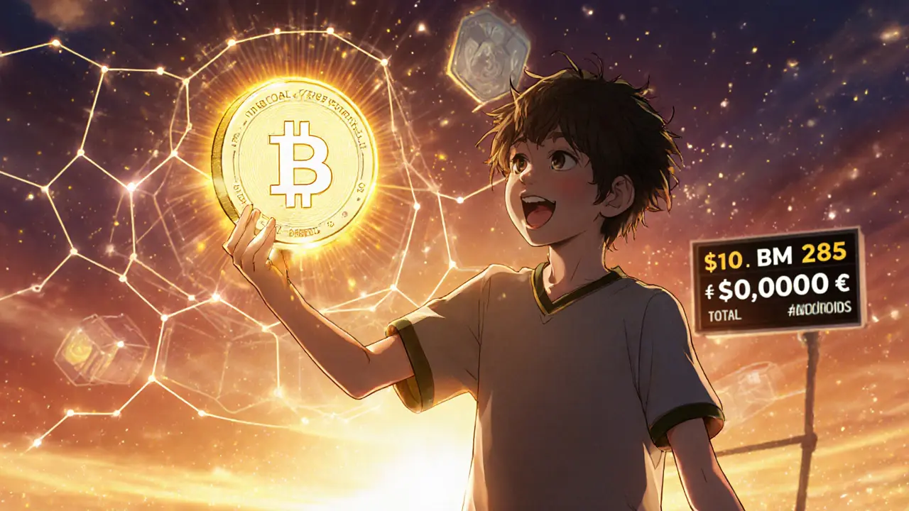 Figure anime célébrant la réception d’un NFT TopGoal, avec effets lumineux du token GOAL et BNB Chain.