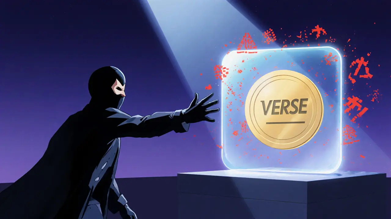 Héros anime protège un token VERSE contre une silhouette masquée de phishing.