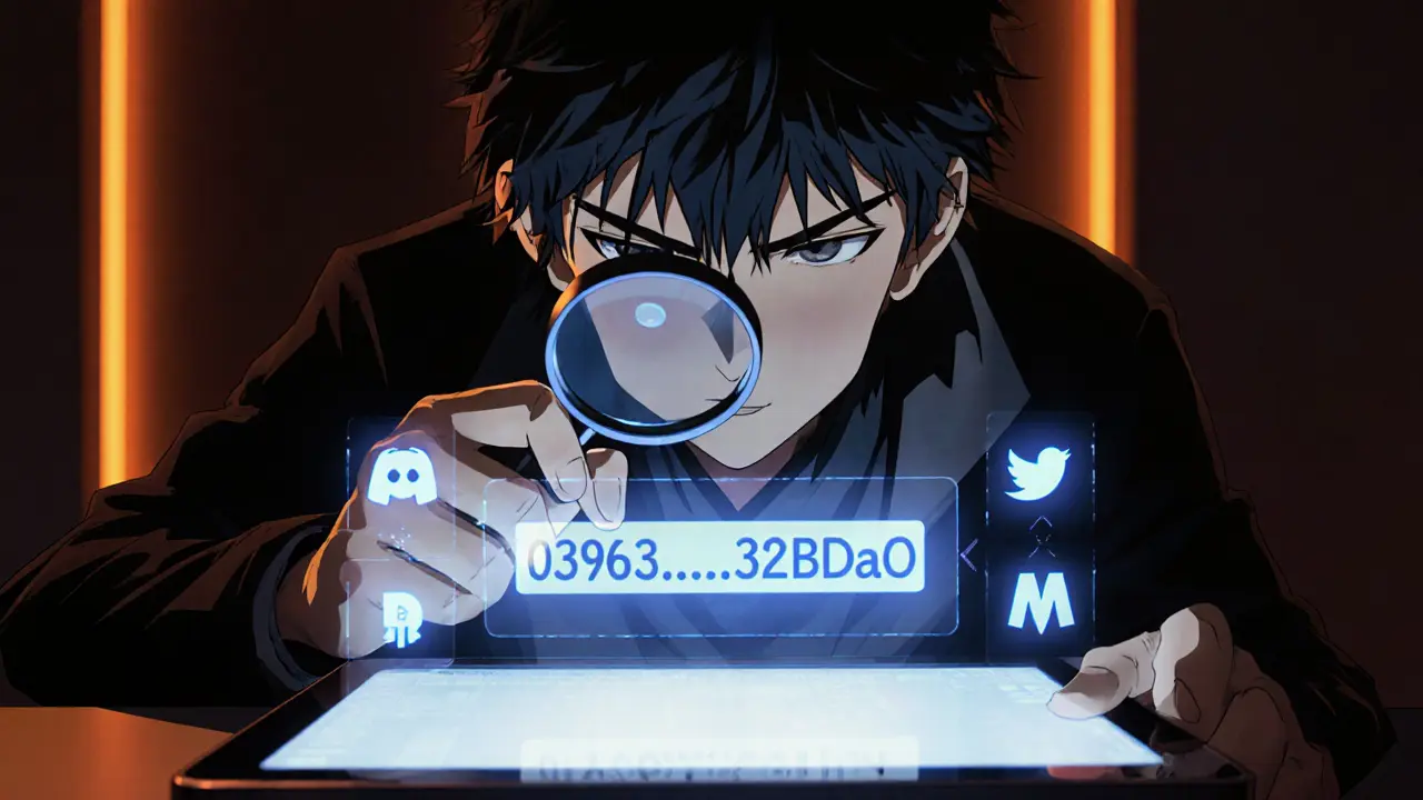 Personnage anime examine un hologramme de contrat intelligent entouré d&#039;icônes de réseaux.