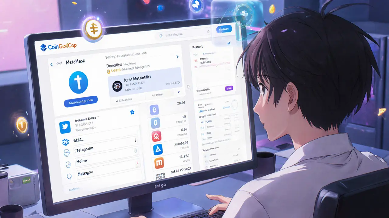 Personnage anime montrant les étapes d’inscription à l’airdrop : wallet, suivi réseaux, formulaire Google.