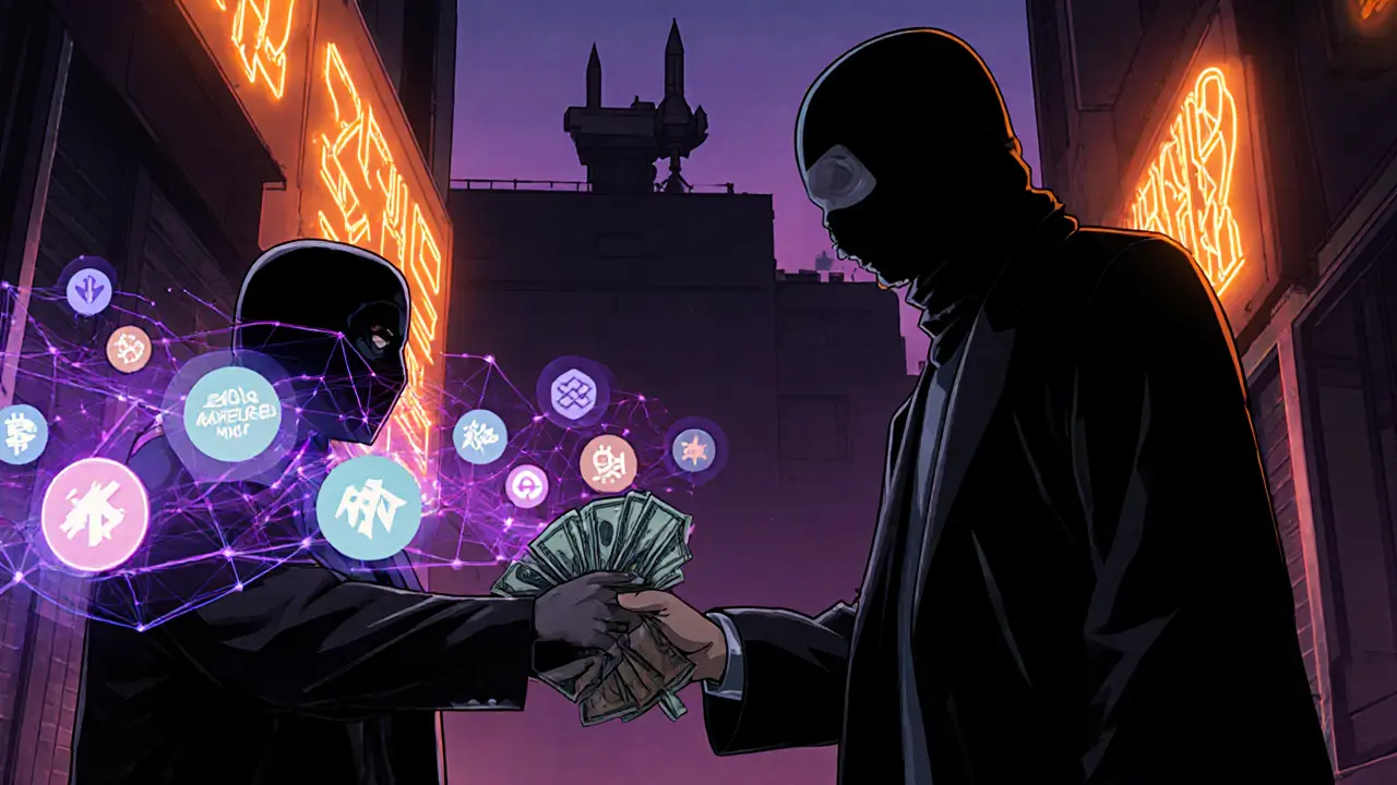 Scène d’échange clandestin convertissant crypto en argent pour financer des missiles.