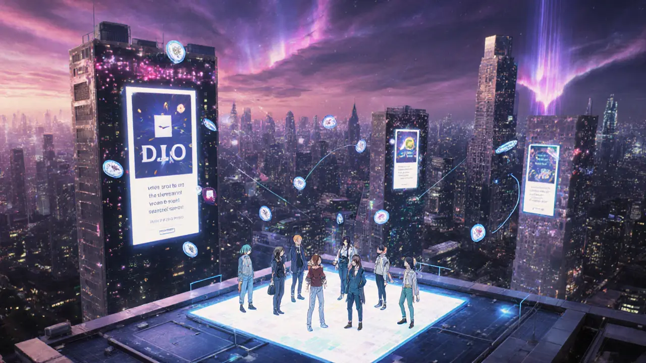 Ville futuriste de métavers avec hologrammes DAO et objets NFT flottants au crépuscule.