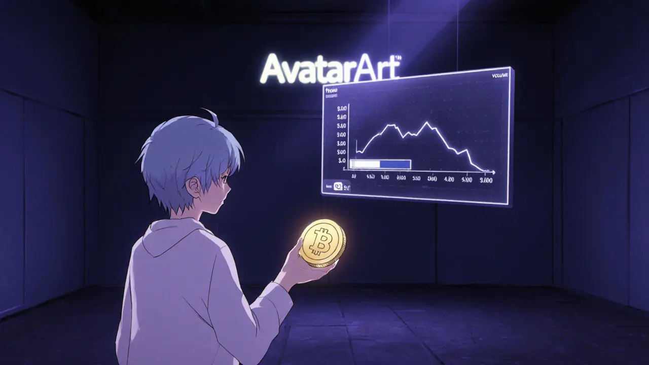 Avatar solitaire observant un graphique décroissant du token BNU dans une galerie sombre.