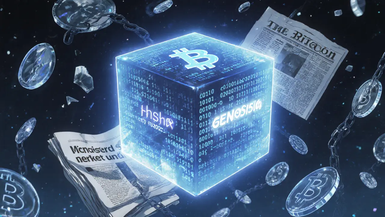 Cube holographique du bloc Genesis entouré de pièces de 50 BTC liées.