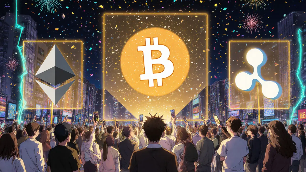 Fête mondiale avec hologramme du hash du bloc Genesis et icônes de blockchains.