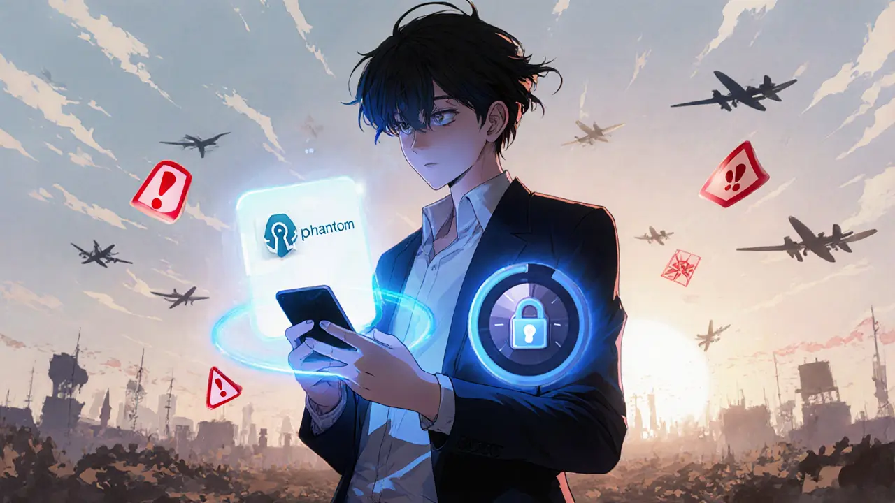 Investisseur prudent sur un champ de bataille stylisé, smartphone Phantom protégé par un halo bleu.