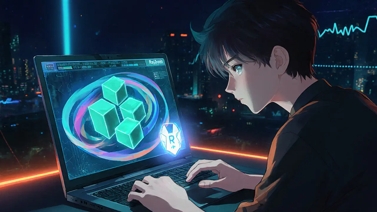 Jeune programmeur face à une interface holographique de Solana et Raydium, tenant un portefeuille Phantom.