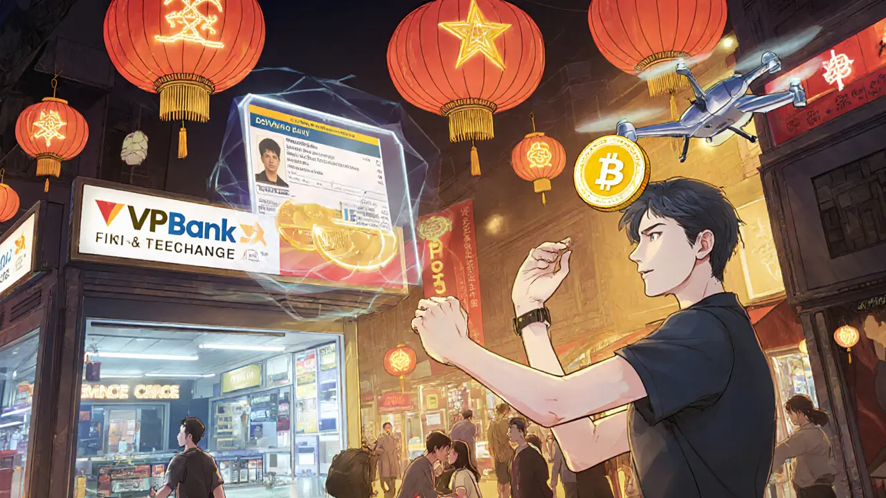 Scène futuriste montrant un échange local vietnamien et une identité numérique.
