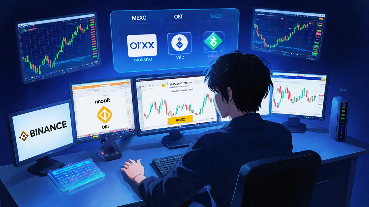 Trader devant plusieurs écrans affichant les logos des principales plateformes crypto.