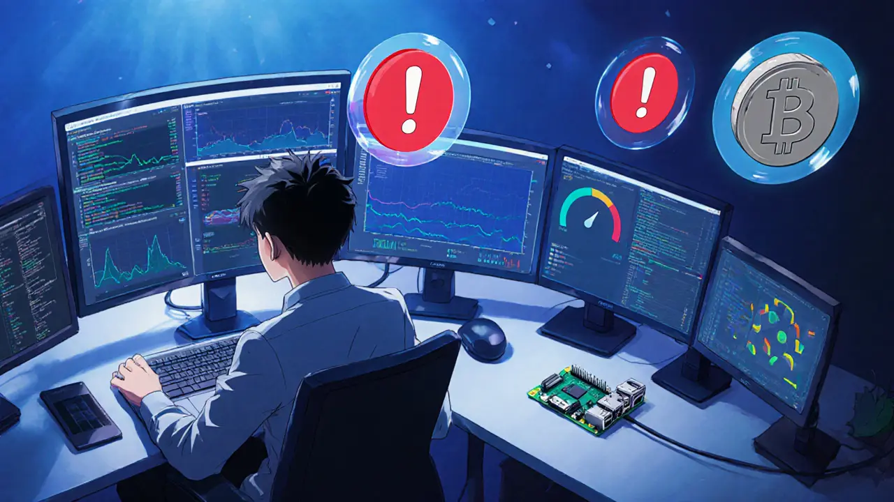 Ingénieur anime surveillant un validateur avec graphiques, à côté d&#039;un Raspberry Pi synchronisant Bitcoin.