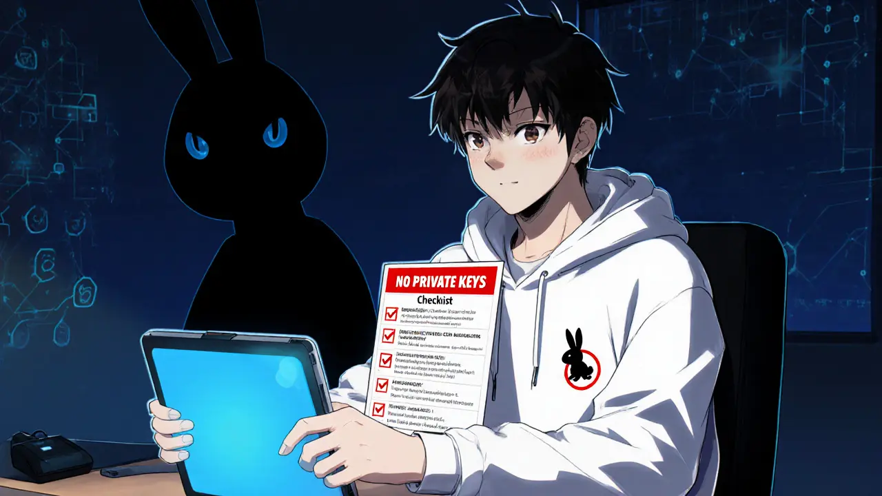 Investisseur anime consultant une checklist de sécurité, entouré d’avertissements contre les arnaques airdrop.